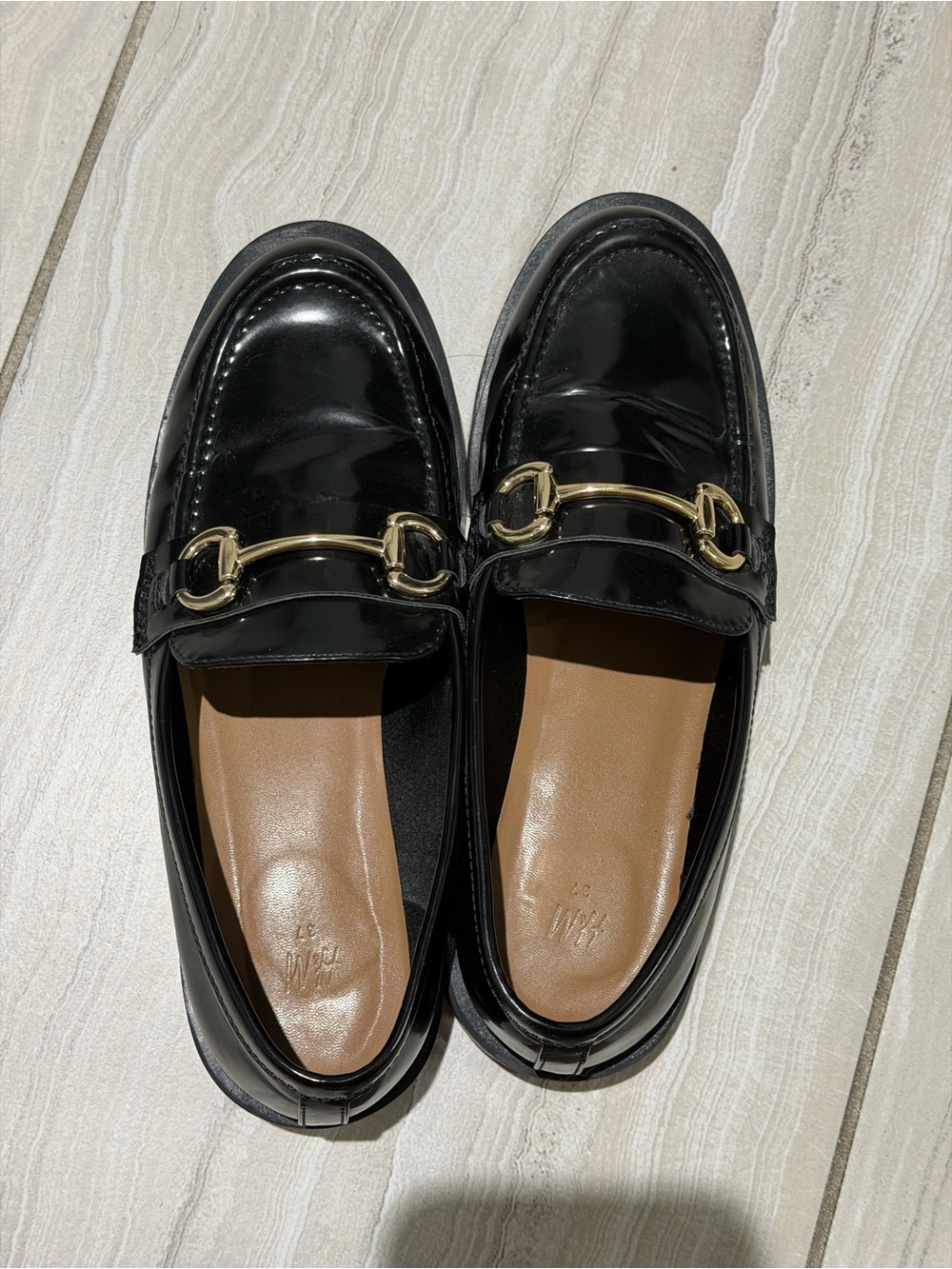 H&M Black Patent Loafers with Gold Bit Hardware - Women's Dress Loafers